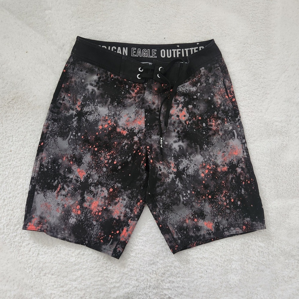 American Eagle Mens‎ Board Shorts Black Grey Coral Paint Splatter Swim Trunks S